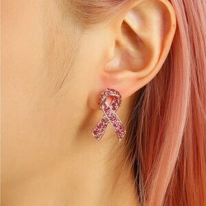 Rhinestone Pink Ribbon Earrings, Breast Cancer Survivor Earrings